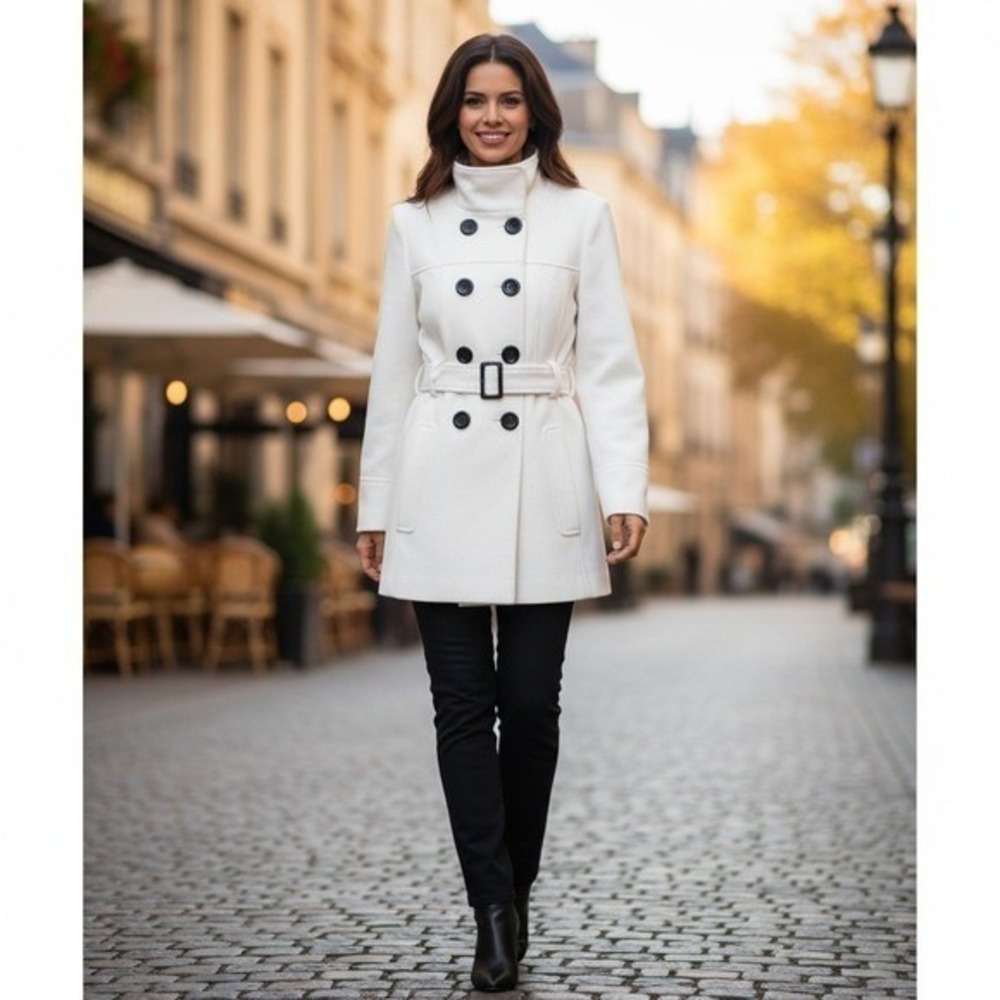 Dunnes Pea Coat Jacket Women's Size 12 Double Breasted White Belted Chic Retro